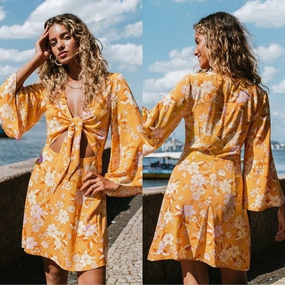 Cupshe Keira Yellow Floral Bunny Tie Bell Sleeve Cut Out Mini Dress Cover Up Med - Picture 11 of 11